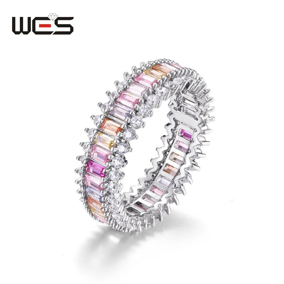 WES-anillos de plata de ley 925 para mujer, Circonia cúbica de cristal arcoíris, regalos de boda y San Valentín, joyería fina, banda certificada