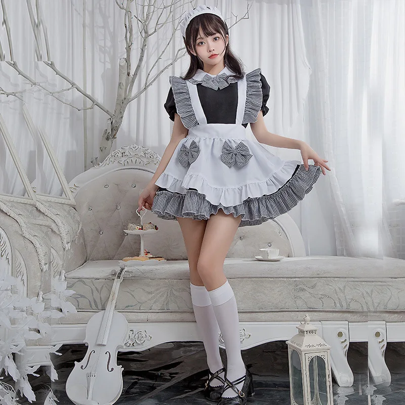 

Japanese Kawaii Gothic Lolita Women Dress Maid Cosplay Costumes Anime Bow Ruffles Victorian Fancy Outfit Waitress Party Sweet