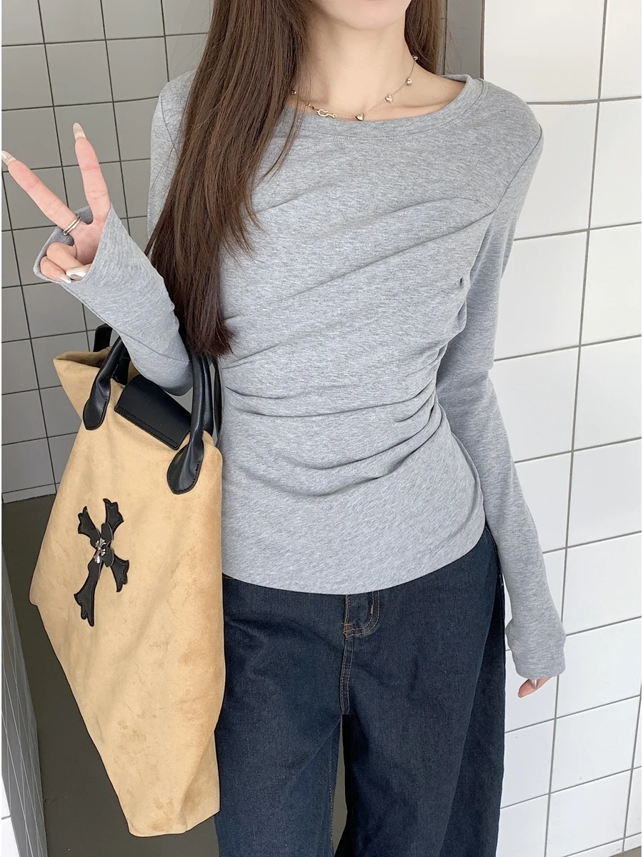 تي شيرت نسائي طويل بقصة ضيقة من Sve بطبقة أساسية، تصميم كوري غير متماثل، ملابس داخلية مريحة تسمح بالتهوية باللون الأبيض #2