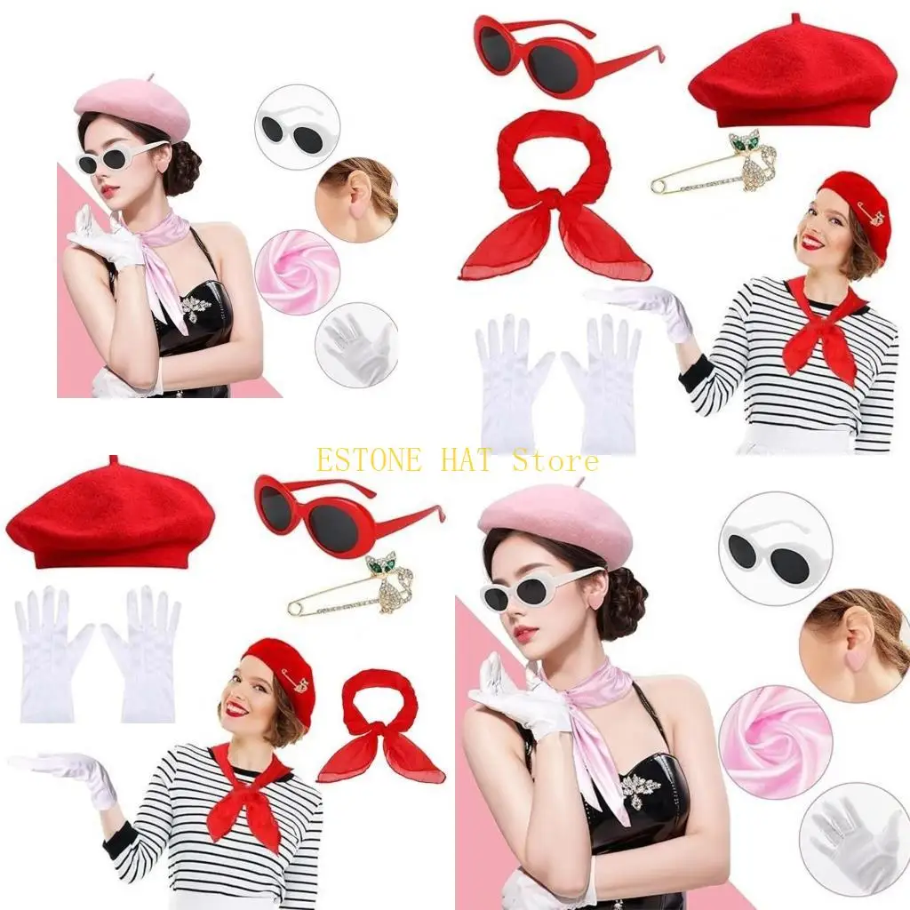 49MF 1980s Themed Party Dressing up Outfit Includes Hat Glasses Heart Earring Scarf