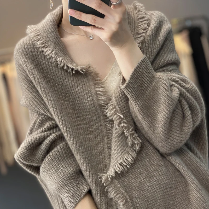 100% merino cashmere sweater women\'s sweater V-neck long sleeve solid color long loose coat cardigan women in autumn and winter