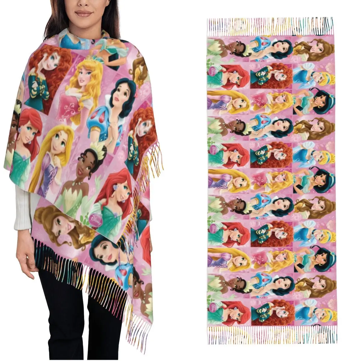 Womens Scarf with Tassel Cartoon Princess Long Winter Fall Shawl and Wrap Kids Boys Girls Daily Wear Pashmina Scarves