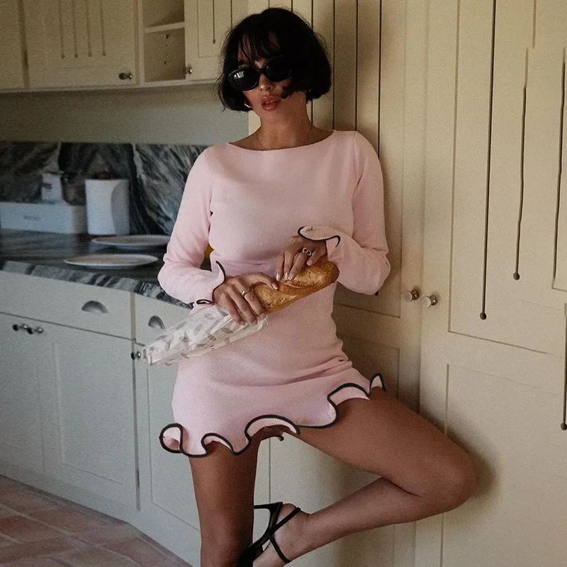 

Elegant Knitted Dresses Women Wave Edge Mini Dresses Slim Fit Vintage Women Bodycon Dress New in 2025 Women Clothes