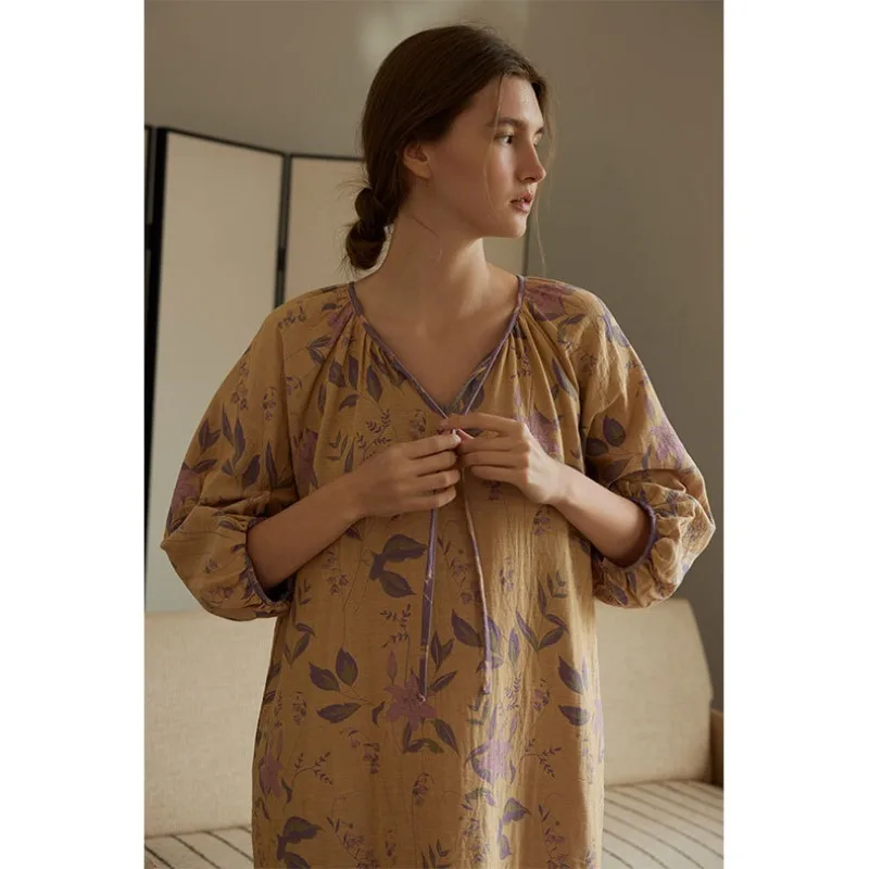 2024 Ladies Double Cotton Gauze Flower Printing Lazy Long-sleeved Nightgown V-Neck Loose Comfortable Night Dress Women Summer