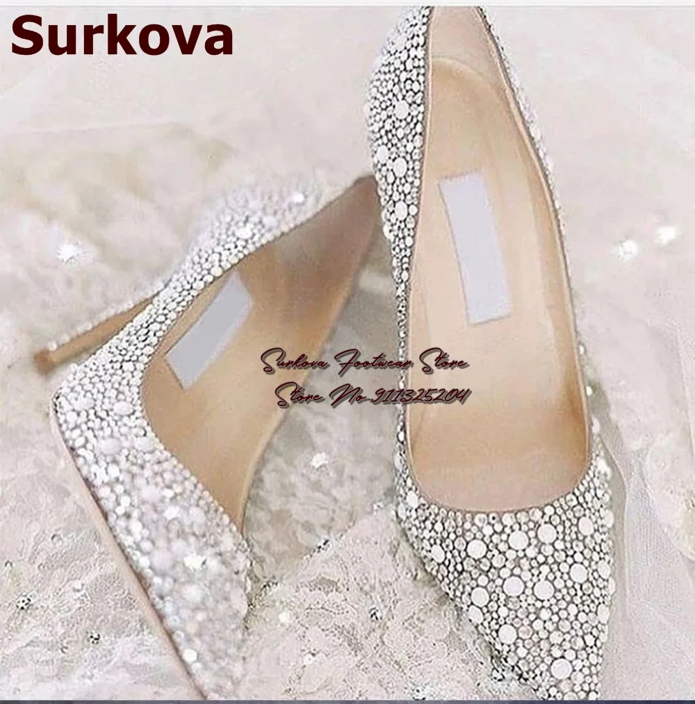 

Surkova Women Bling Bling Silver Crystal Wedding Shoes Pointed Toe Glittering Beaded Pumps Stiletto Heels Rhinestone Footwear