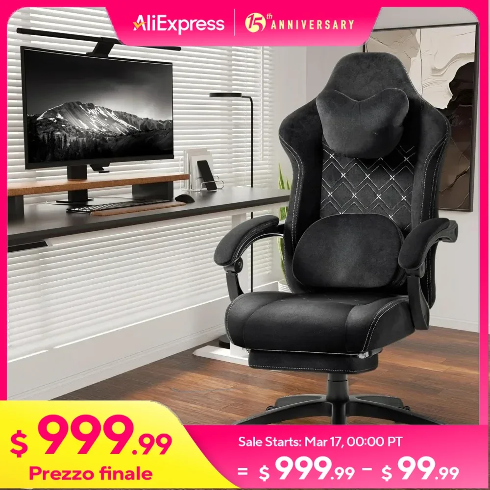 Gaming Chair with Heated Massage Lumbar Support, Footrest and Pocket Spring Cushion, Breathable Fabric, High Back Gamer Chair