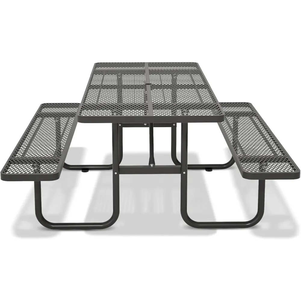 72'' Steel Rectangular Metal Picnic Table for Outdoors, Commercial Picnic Table with Umbrella Hole of Up to 1-1/2