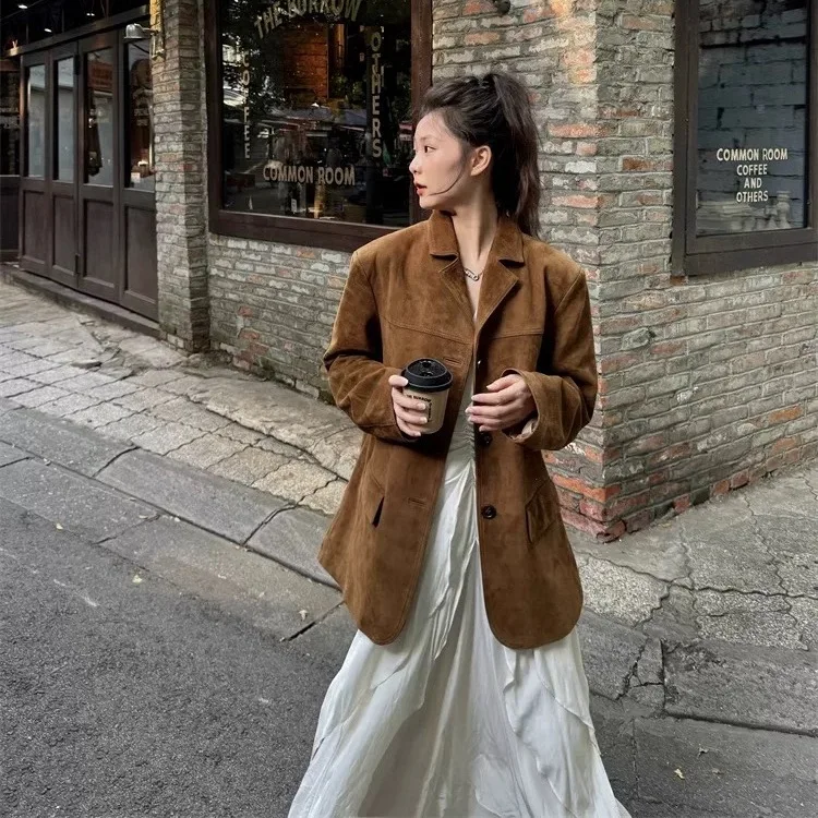 Caramel Suede Jaet Women's Suiting Leather Coat American Sle Loose Fit Regular Length Button Closure ort Outerwear