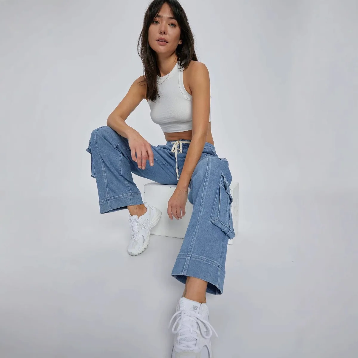 Damen-Jeans, Cargohose, hohe Taille, Vintage, mehrere Taschen, Kordelzug, Schnürung, gewaschene Distressed-Denim-Hose, 2025, Streetwear