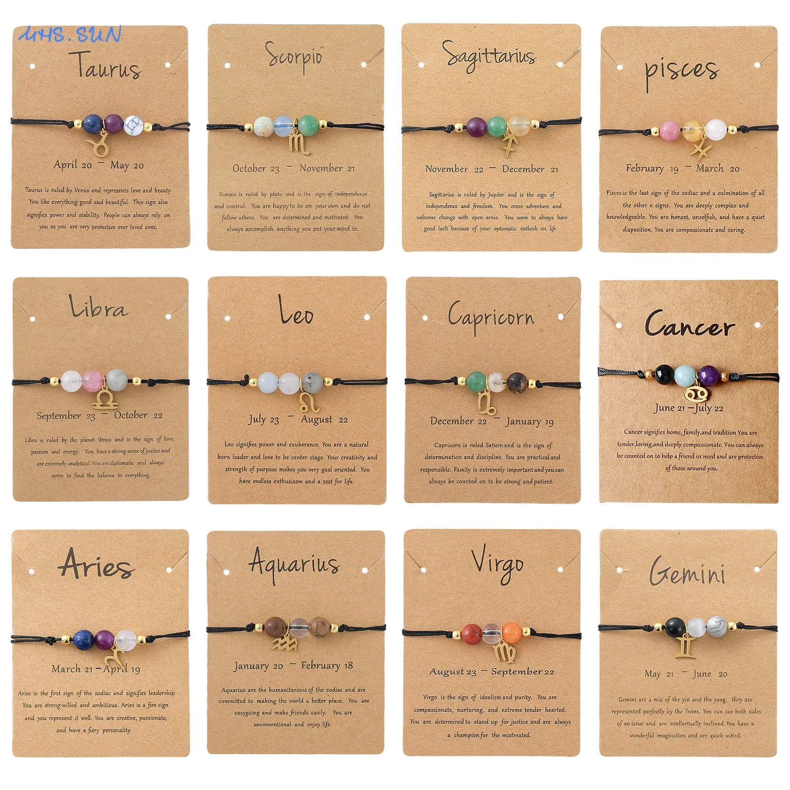 Gold Plated Stainless Steel Natural Stone Birthstone Chinese Zodiac Woven Drawstring Bracelet Couple Jewelry For Party Wear