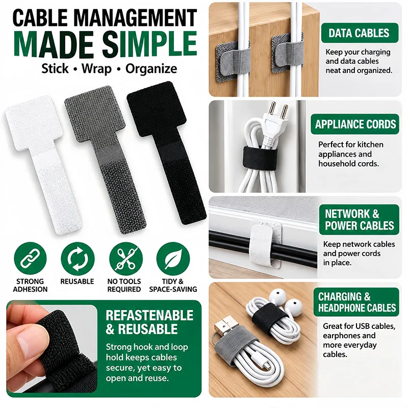 10/20PCS Self Adhesive Reusable Cable Ties Hook Loop Cord Organizer Straps for Desk USB Charging Wire Home Office Management Kit