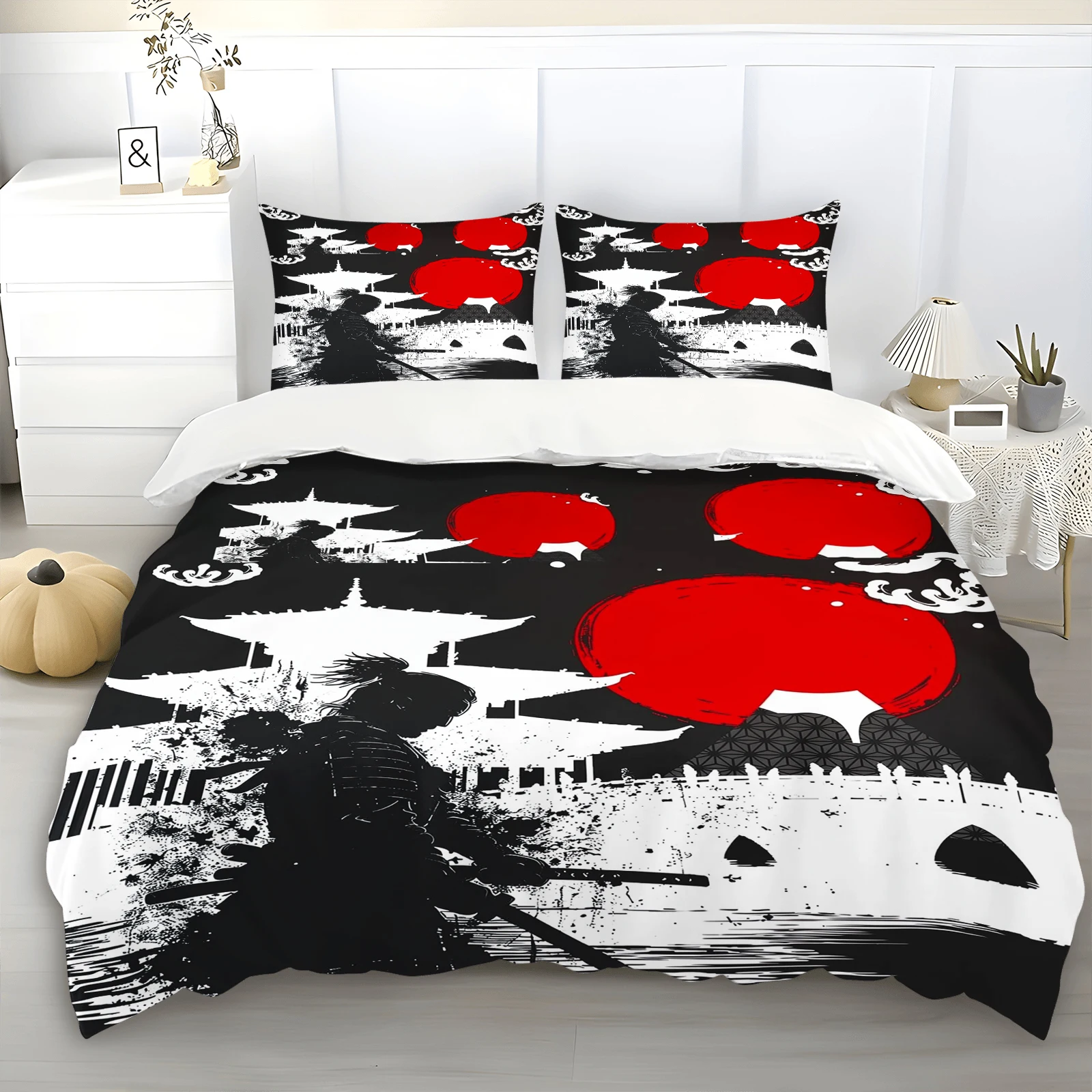 Japanese Samurai Bedding Set King Size Cherry Blossoms Comforter Cover Red Sun Hokusai Duvet Cover Fuji Mountain Quilt Cover