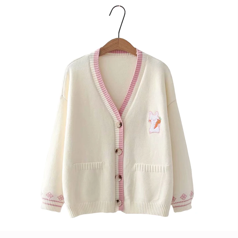 Cardigan bordado dos desenhos animados das mulheres, jaquetas de malhas soltas coreanas, suéter outwear macio, casaco coelho, outono