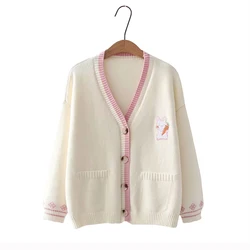 Cardigan bordado dos desenhos animados das mulheres, jaquetas de malhas soltas coreanas, suéter outwear macio, casaco coelho, outono