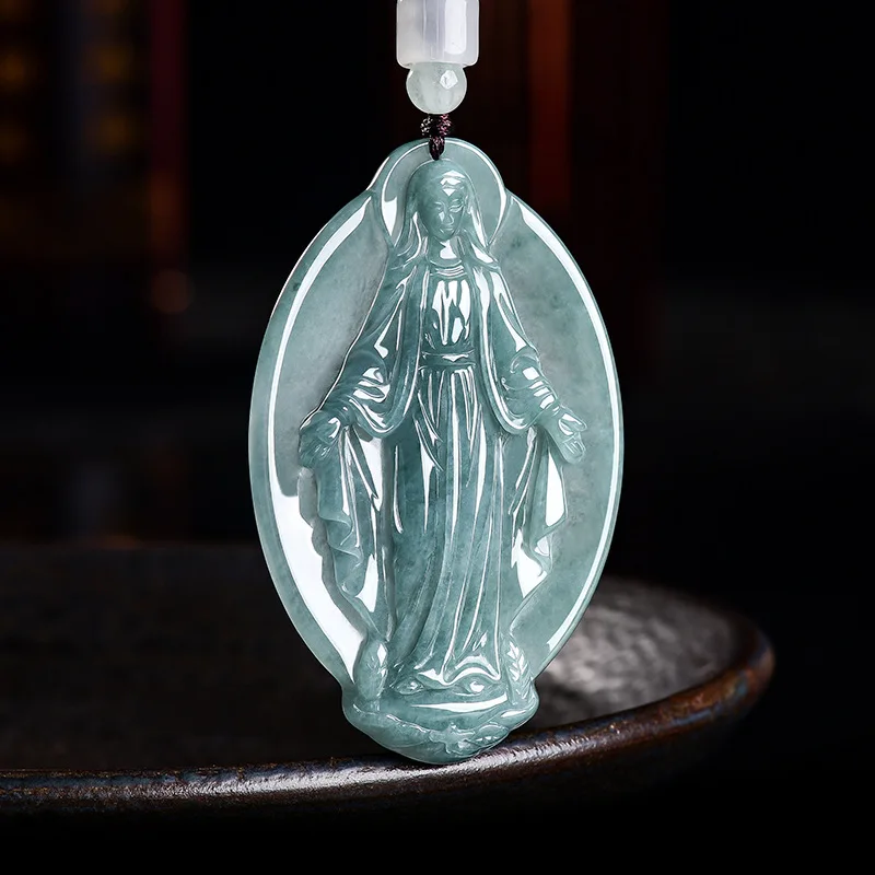 Grade A Natural Myanmar Jadeite Virgin Mary Pendant Necklace Real Jade Gemstone Talismans Charm Accessories Gifts for Women
