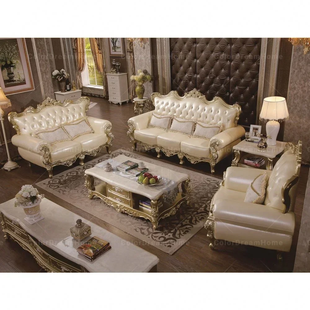 2026 Hot sale European classical furniture living room luxury white leather sofa set