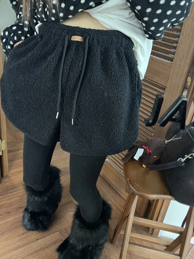 

Dongda Gate Soft Plu Lamb Fur Высокая талия Dstring orts Зимняя верхняя одежда Ботинки Брюки А-силуэта Широкие повседневные брюки