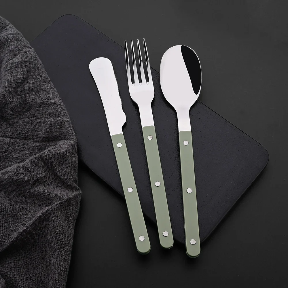 طقم أدوات مائدة من الفولاذ المقاوم للصدأ ، مقبض ABS ، زخرفة المسامير ، طقم عشاء ، شوكة خضراء ، سكين ، ملعقة ، أدوات طعام غربية ، أدوات مائدة للمطبخ