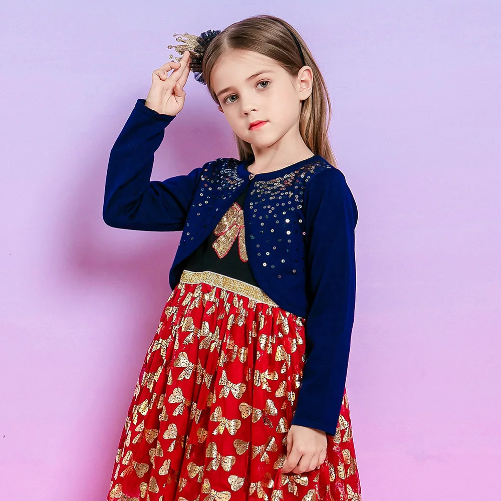 VIKITA Children Girl Fashion Clothes Kids Sequined Appliqued Cardigan Sweater Girls Knitted Spring Autumn Navy Blue Sweater