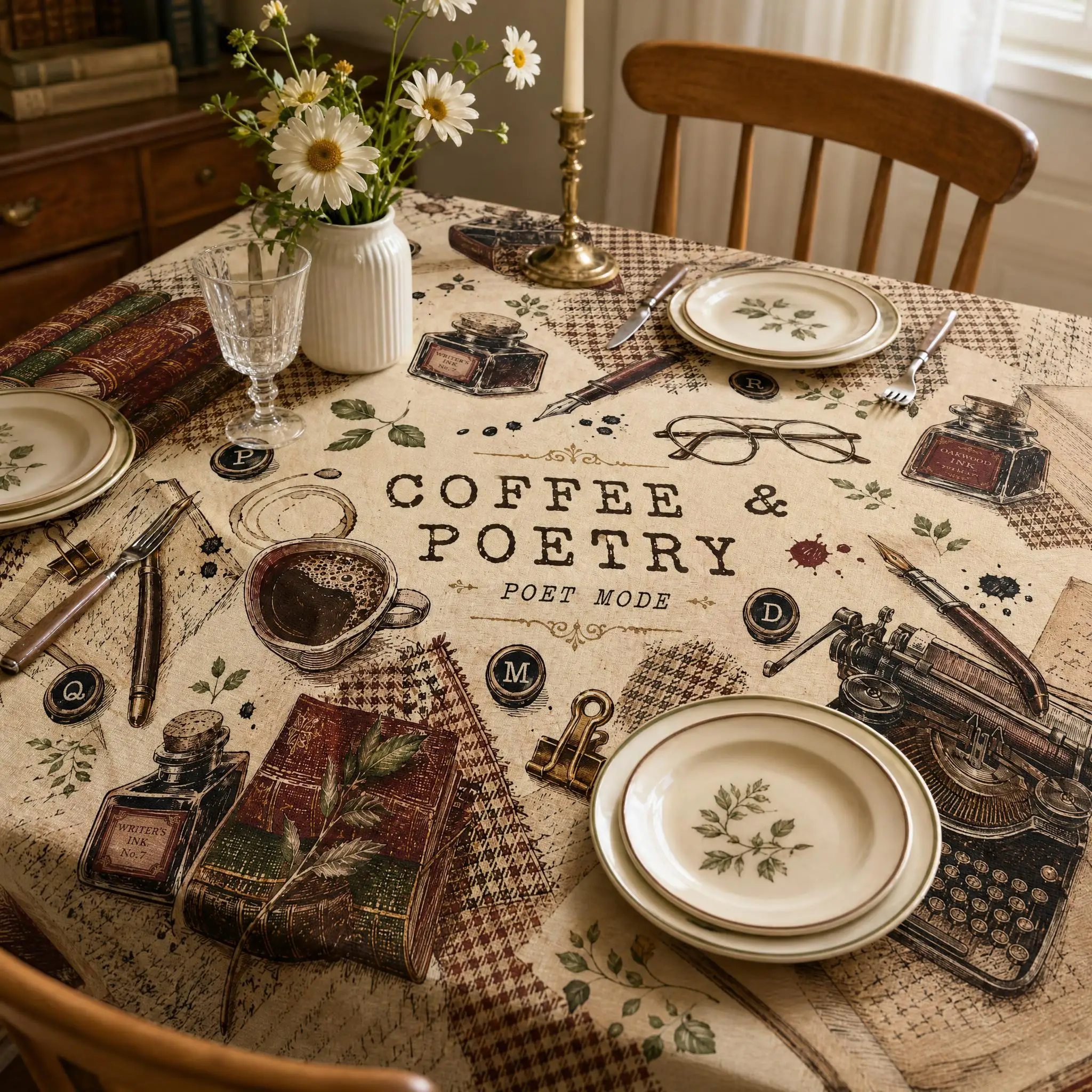 Vintage Book Coffee Typewriter Print Non-Waterproof Tablecloth Wrinkle Resistant Rectangular Literary Dining Table Cover