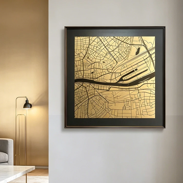 %S_ Factory Wholesale Custom Gold Foil City Map Wall Art Framed Abstract Metal Print Home Decor for Living Room Hotel