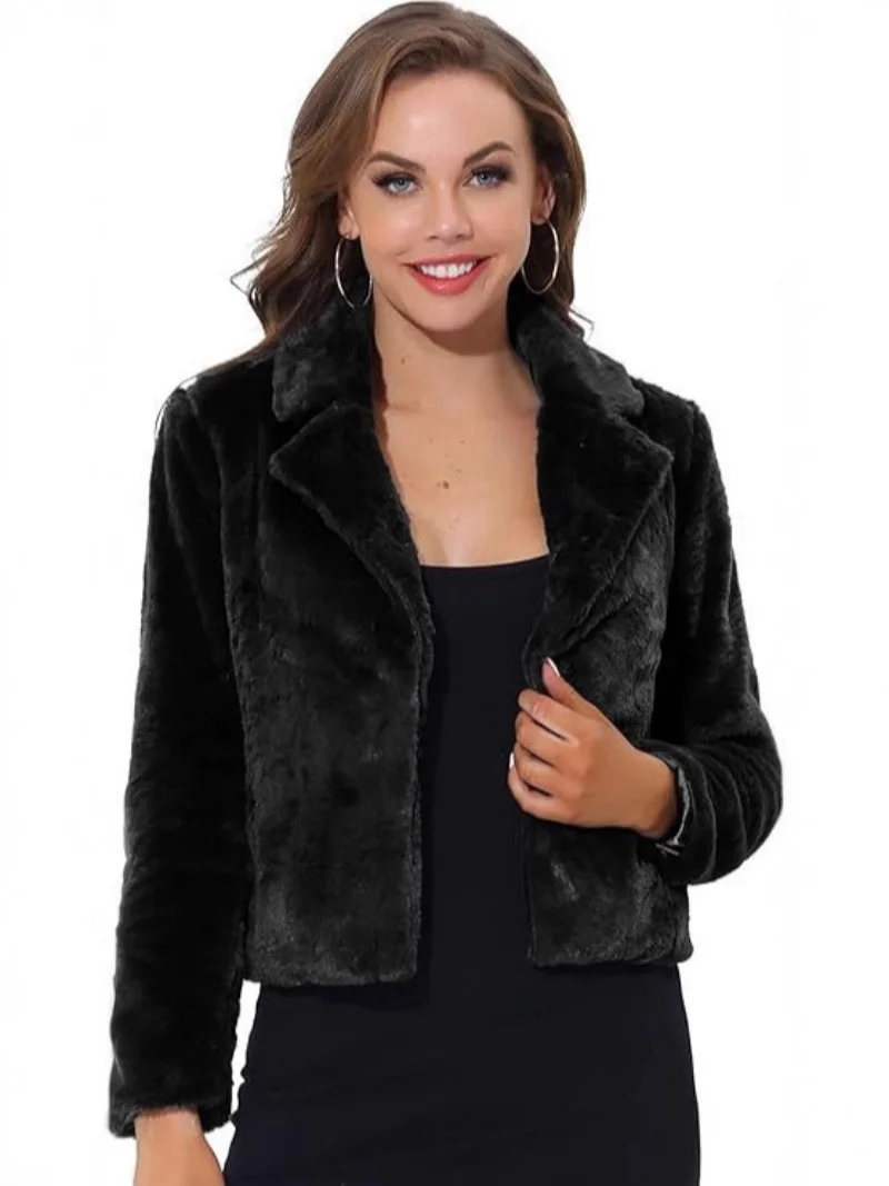 Fur's Women's Short Coat Autumn Winter Faux Rabbit Fur Jacket Casual Solid Color Suit Collar Top