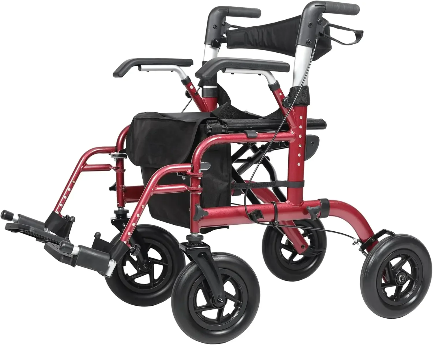 All-Terrain 2 in 1 Rollator Transport Chair, Folding Wheelchair with All 10” Wheels for Seniors, Reversible Backrest