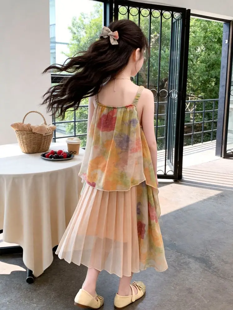 2026 Girls' Summer Print Versatile Fashion Sweet Tie Dyeing Fairy Dress