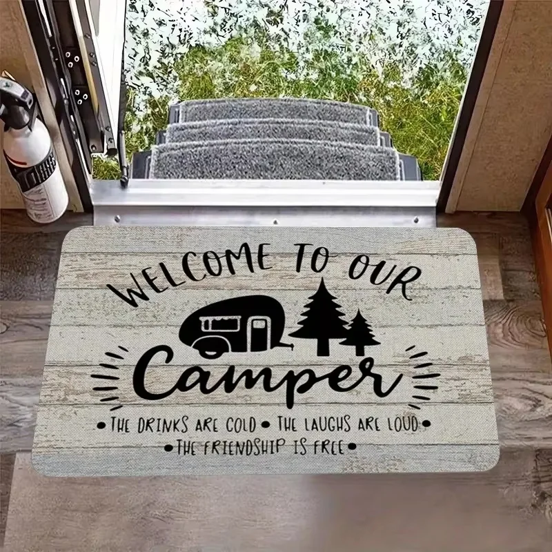 VIKAMA Rustic Wood Plank Carved Welcome Brown Farmhouse Vintage Art Flannel Door Mat Non Slip Entryway Bedroom Living Room Home