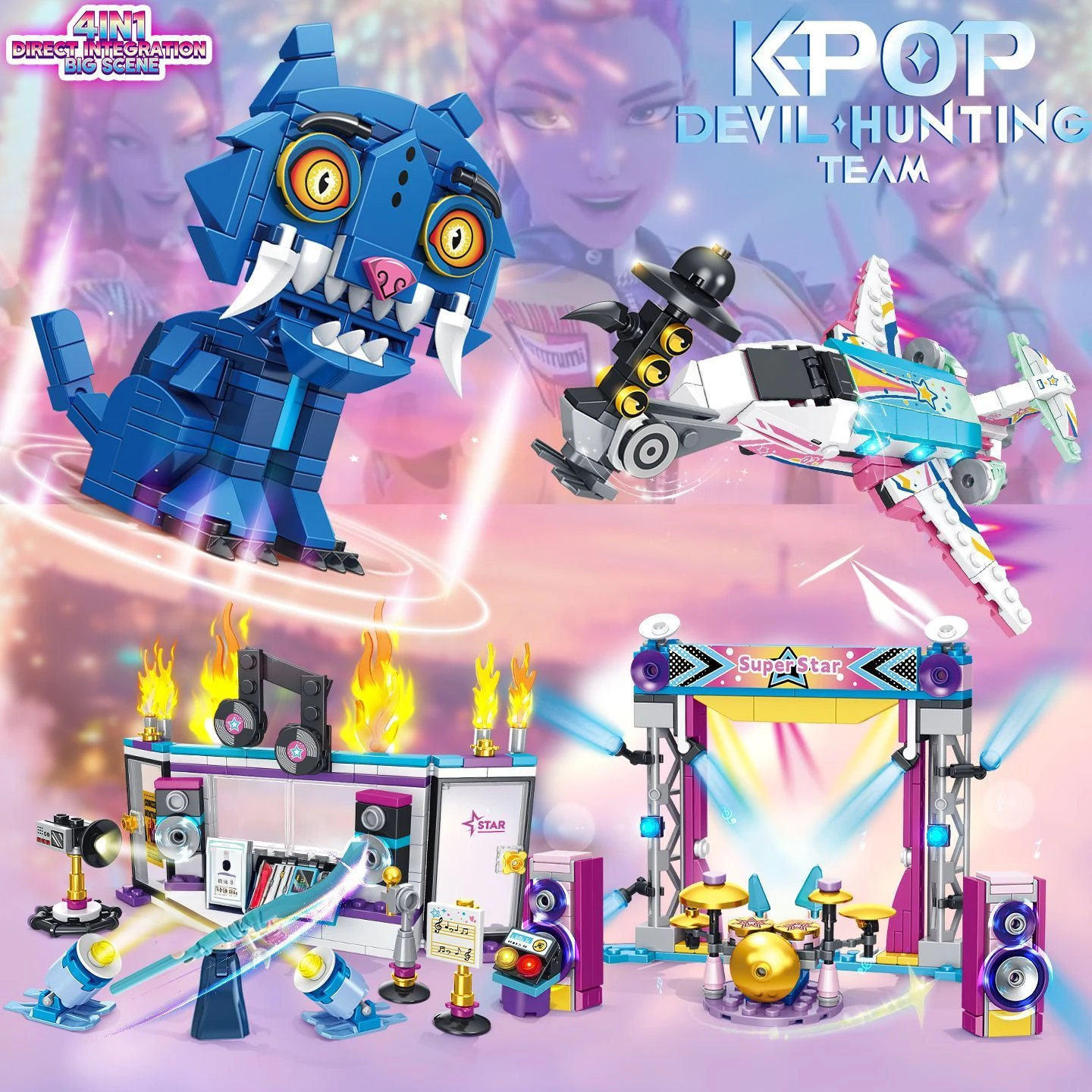 

2025 4in1 K-pop Demon Hunters Building Blocks Tiger Rumi Mira Zoey Action Figure Brick Collection Model with 3 Doll Toy For Kids