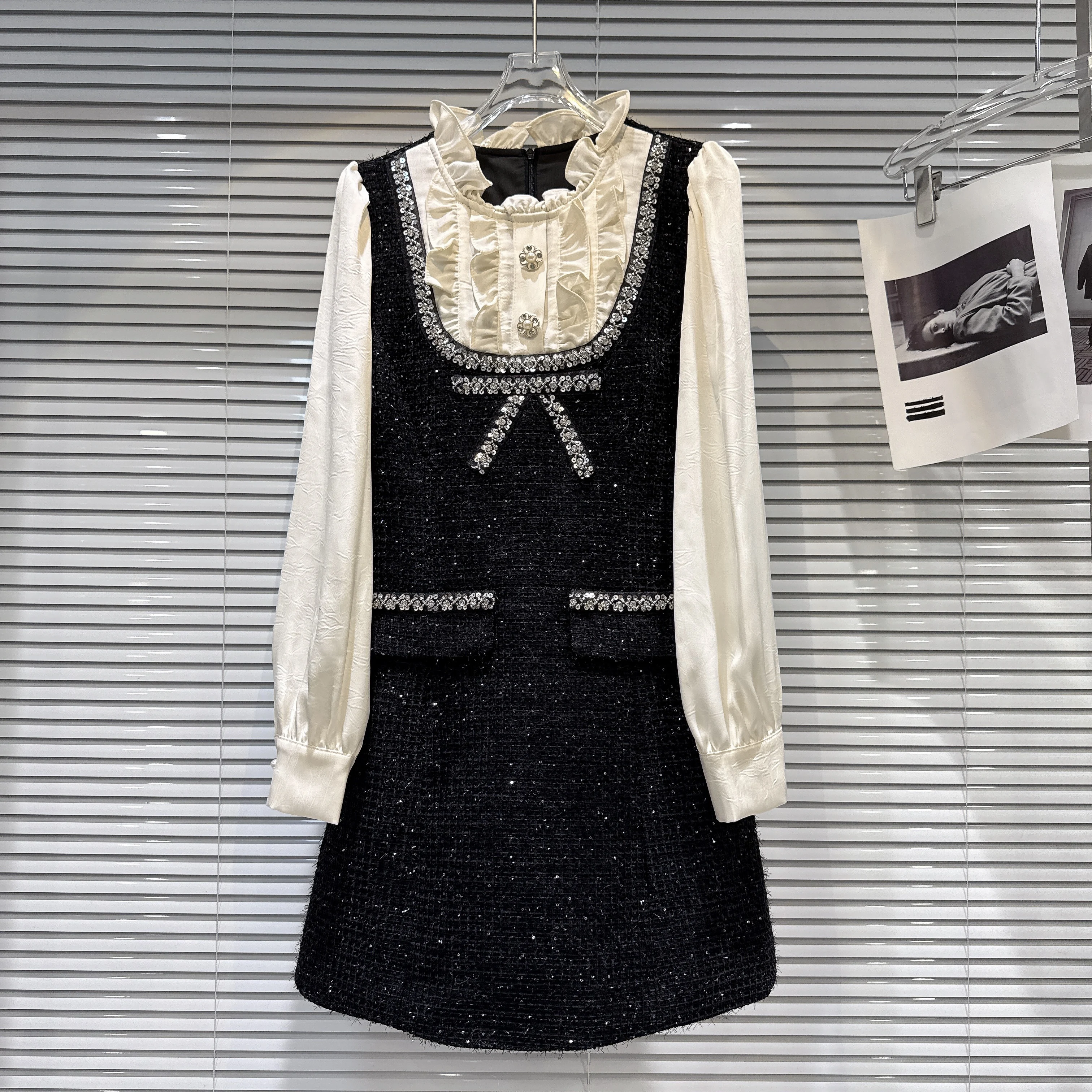 2025 Autumn Winter New Sparkle Nail Bead Collar Patchwork Tweed Long Sleeve Dress Women Elegant  Color Blocking Skirt