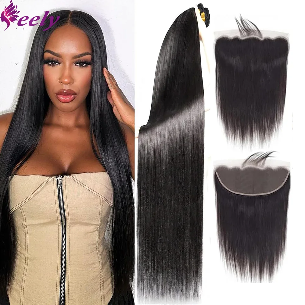 Pacotes retos brasileiros com fechamento para mulheres, cabelo humano real, extensões de fechamento, 13x4 Lace Frontal, 26 pol, 28 pol