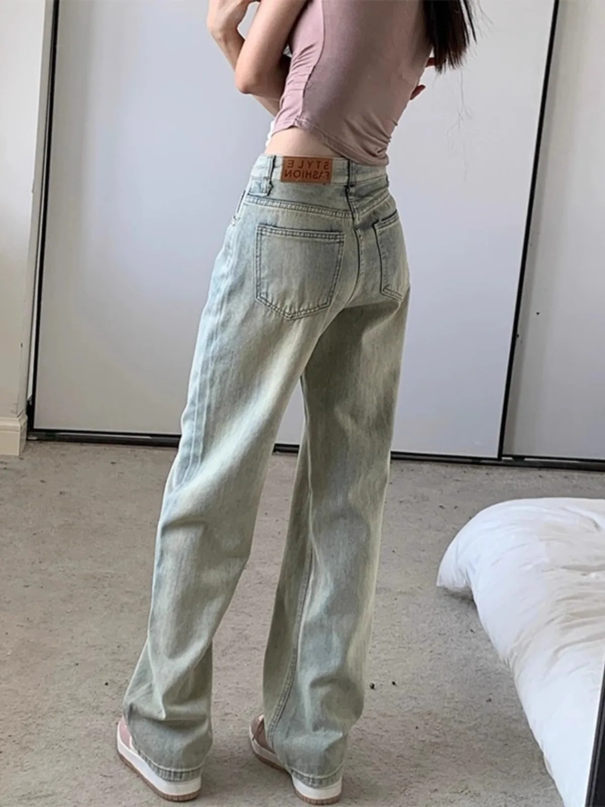 

American Retro High Waist Wide Leg Jeans Women's Spring New Loose Slim Straight Floor-Length Pants Cotton Polyester Elastane