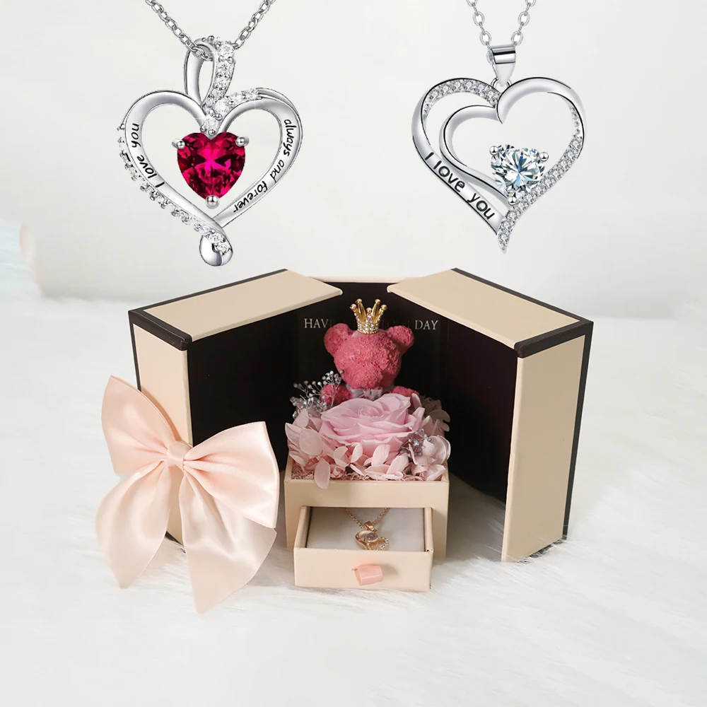 

Copper Heart Zircon Pendant Necklaces With Cute Bear Rose Flower Gift Box New Christmas Friends Mother Birthday Valentine Gifts