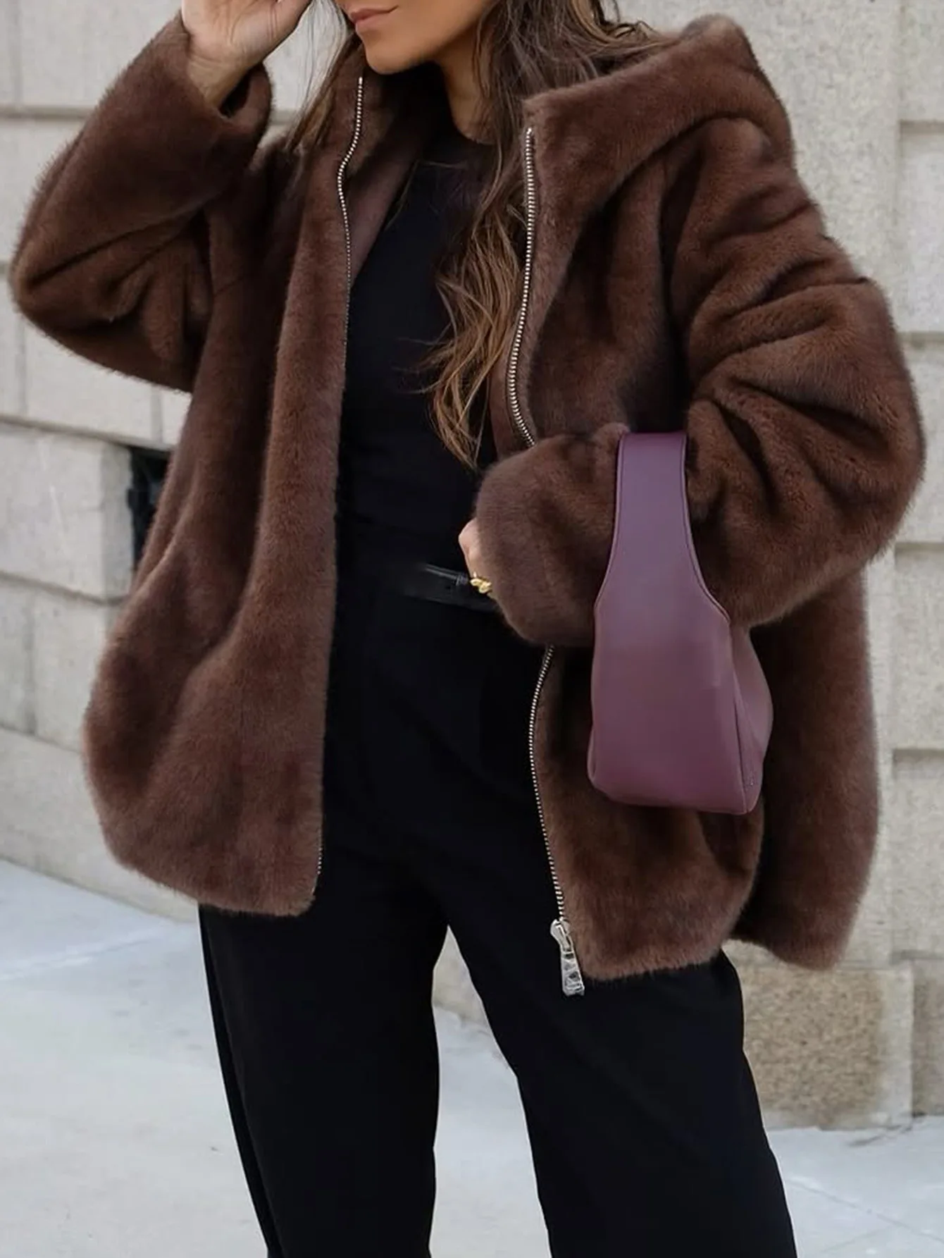 

Onecozyday женское пальто большого размера из искусственного меха однотонное с капюшоном на молнии роскошная теплая повседневная зимняя верхняя одежда стильная куртка