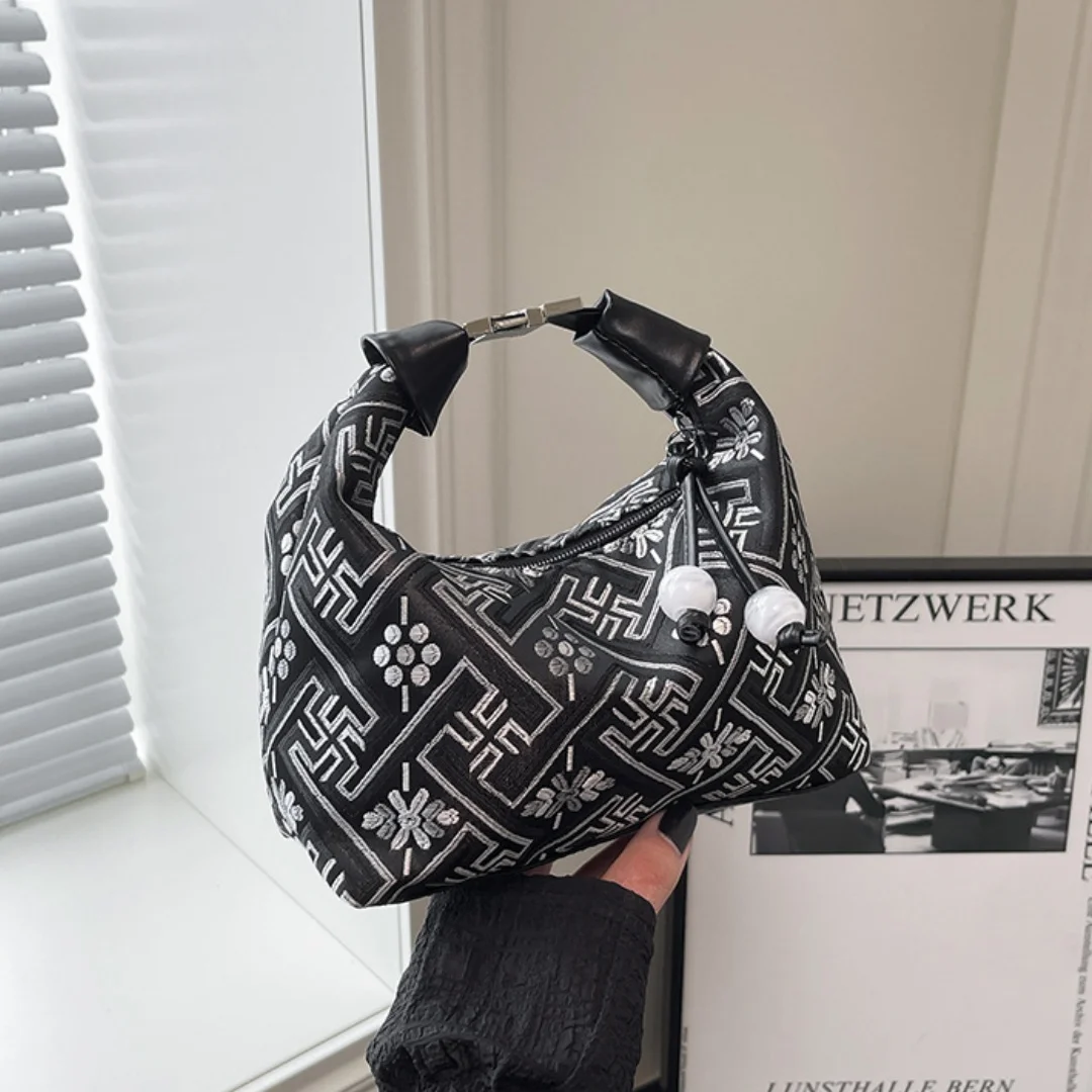 New Chinese Style Jacquard Bucket Bag with Pearl Tassel for Women Girls Daily Commute Soft Crossbody Shoulder Handbag