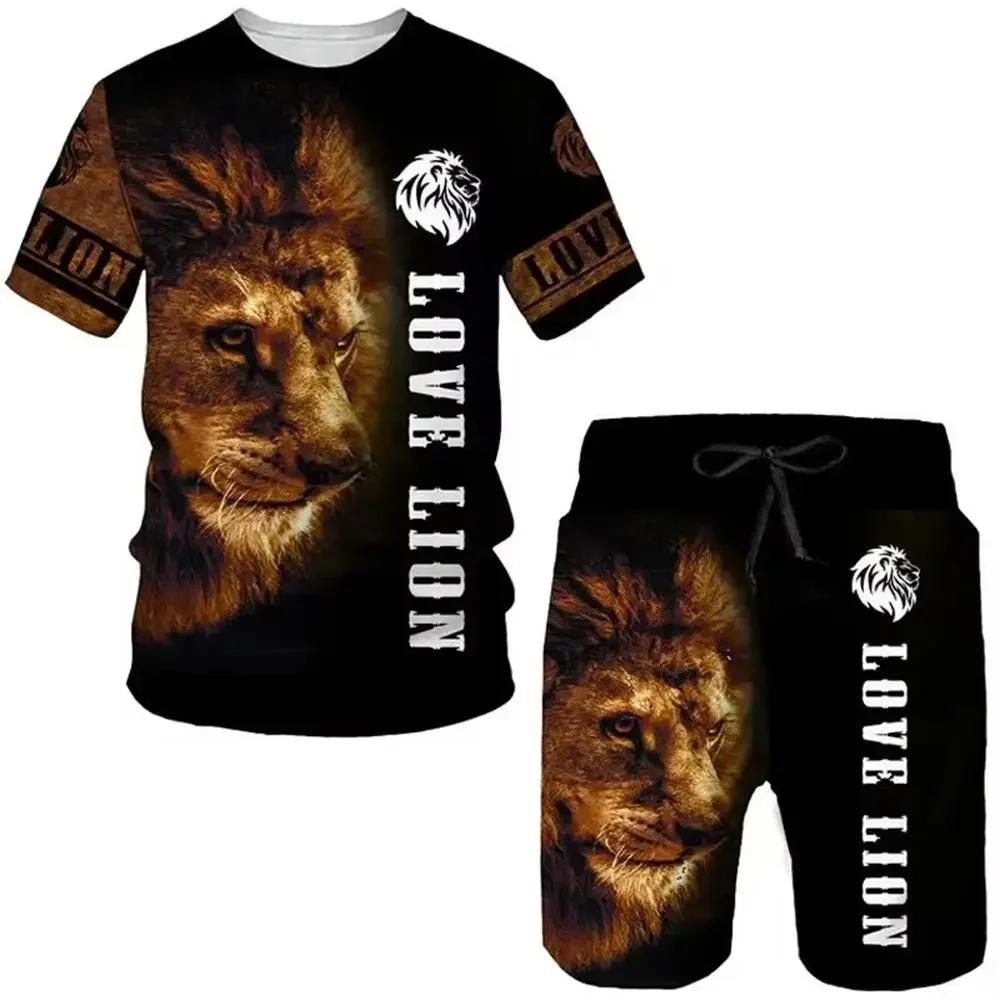 2025 Latest Men's Daily Leisure Sports Set Fashion Printed 3D Lion Pattern T-shirt Shorts Set Summer Leisure Breathable