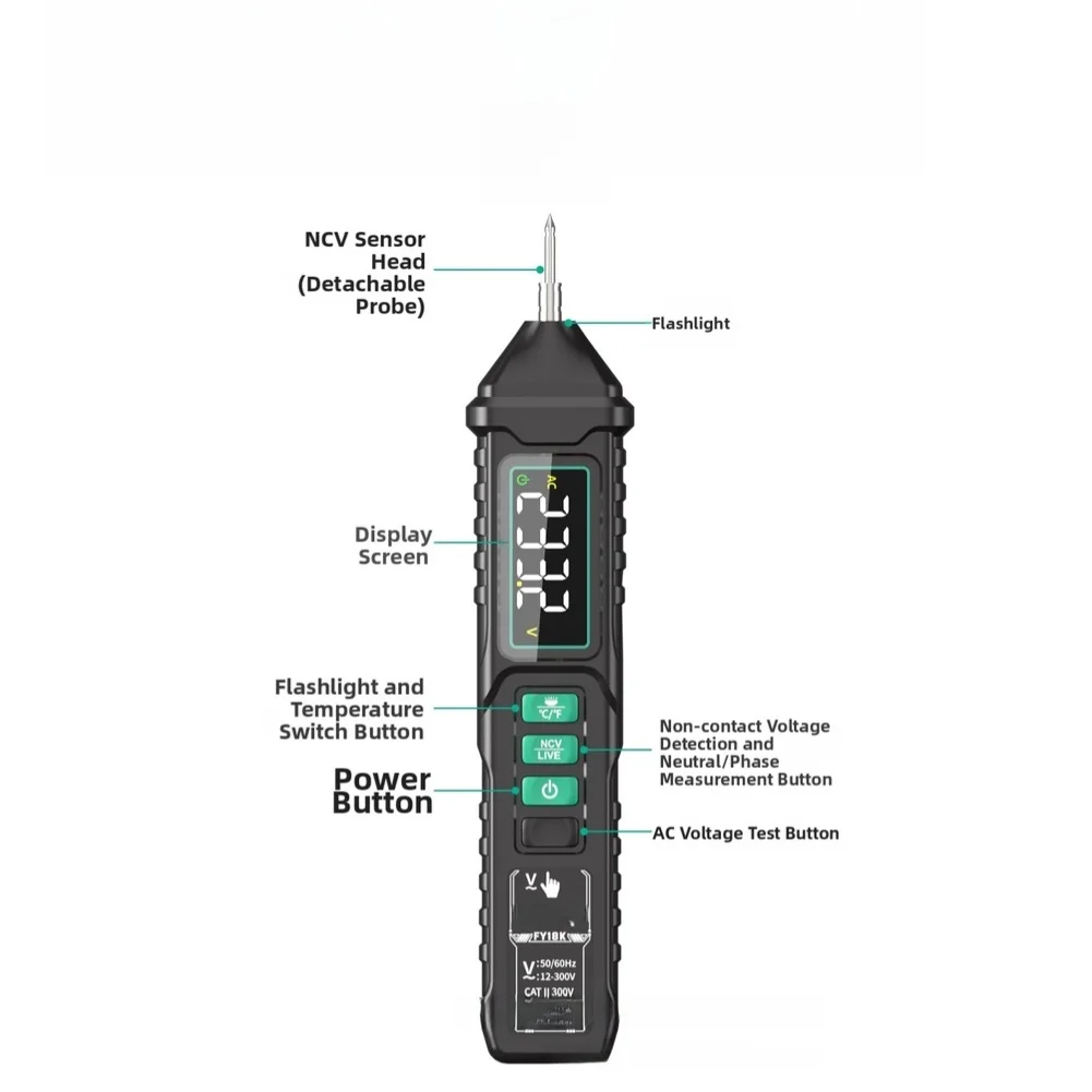 FY18K Digital Voltage Tester Pen LCD Screen Non Contact AC Detector Live Wire Breakpoint Finder NCV Electrical Tool