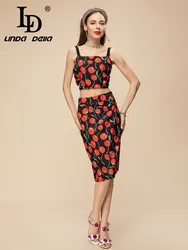 LD LINDA DELLA 2023 Summer Runway Designer Set Women's Suspender Cherry Print Top+Elastic Waist Elegant Party Skirts Sets