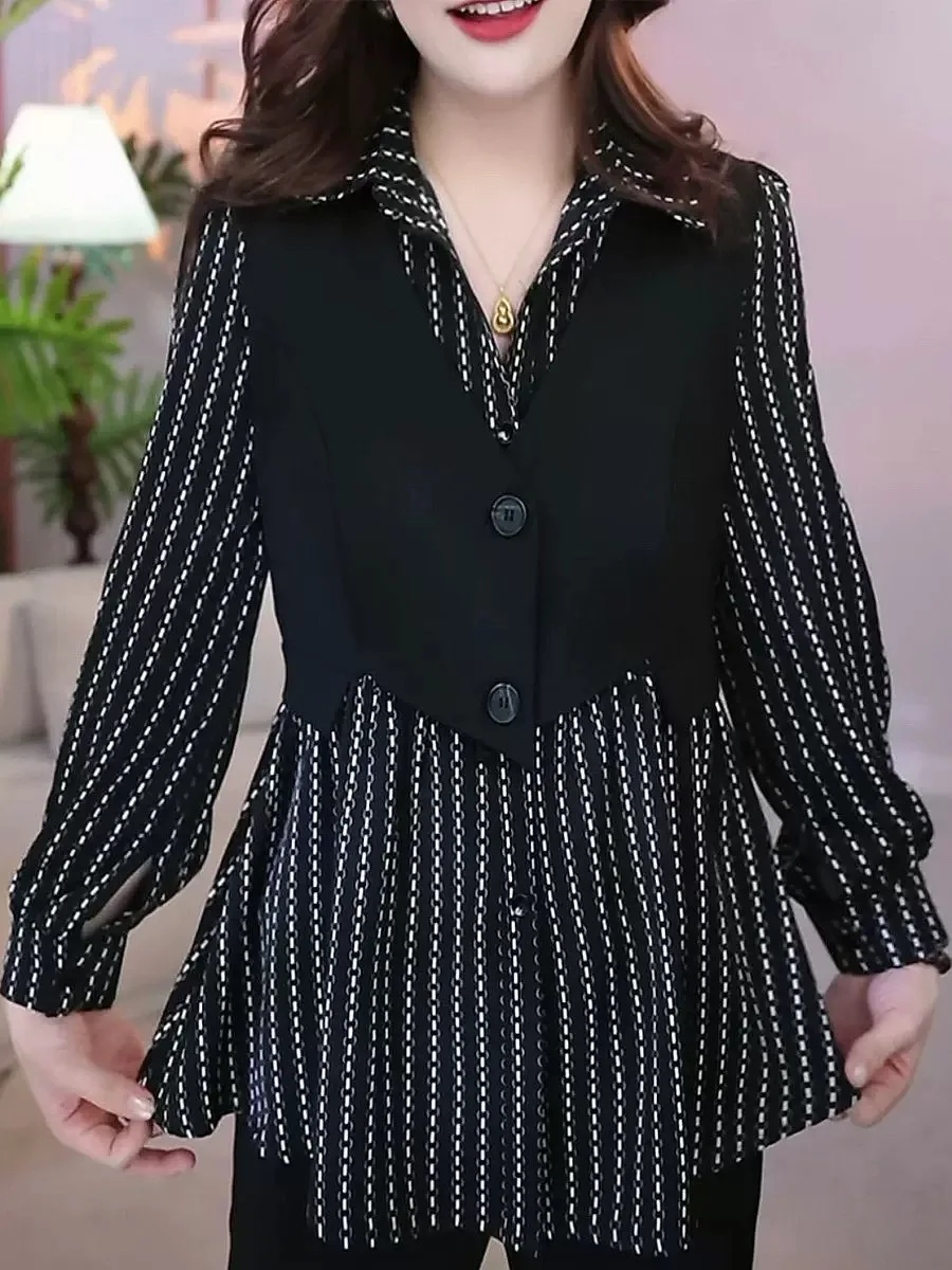 

Высококачественный роскошный полосатый топ с эффектом двухслойности, больших размеров, скрывающий недостатки фигуры, скрывающий бедра, верхняя одежда, базовый слой