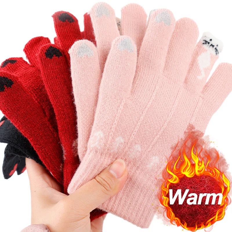 

Warm Winter Knitted Full Finger Gloves Mittens Women Cute Cartoon Cats TouchableScreen Gloves Outdoor Cycling Winter Gloves