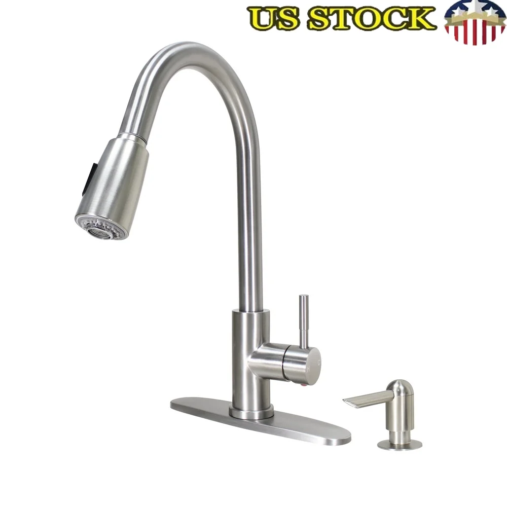 

Выдвижной кухонный смеситель с высоким изливом и дозатором мыла, одна ручка, нержавеющая сталь, гибкая установка, 1 или 3 отверстия, 360