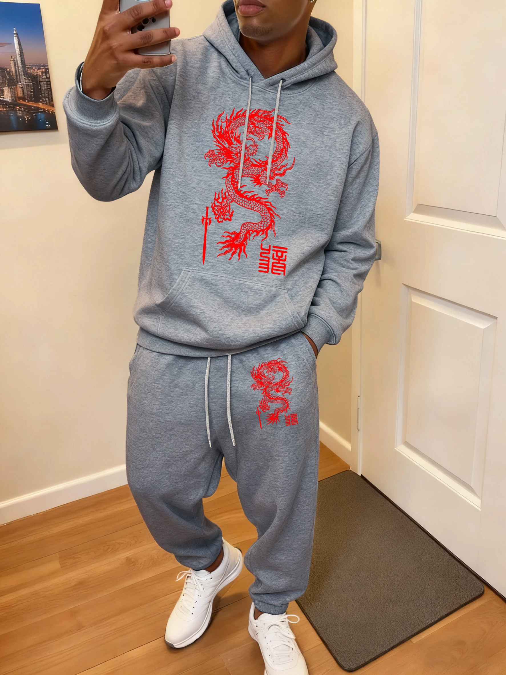 Flying Dragon And Sword Prints Mens Fashion Soft Hoodie Set Pocket Casual Tracksuit Autumn Jogging Pants Sport Comfy Sweatpants