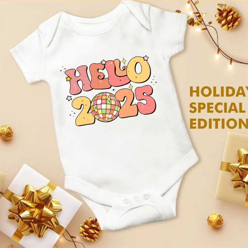 Happy New Year 2025 Print Baby Bodysuit Cute Infant New Year Outfit Newborn Short Sleeve Romper Holiday Toddler Clothes Jumpsuit