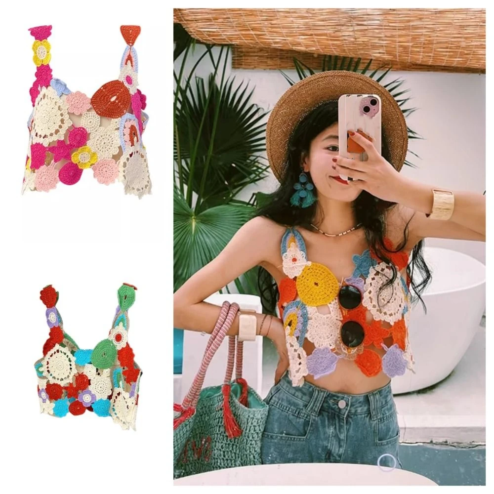 

Милый вязаный топ с цветочным узором в этническом стиле, красочный лоскутный полый трикотаж, женский укороченный топ без рукавов, вязаный крючком для девочек