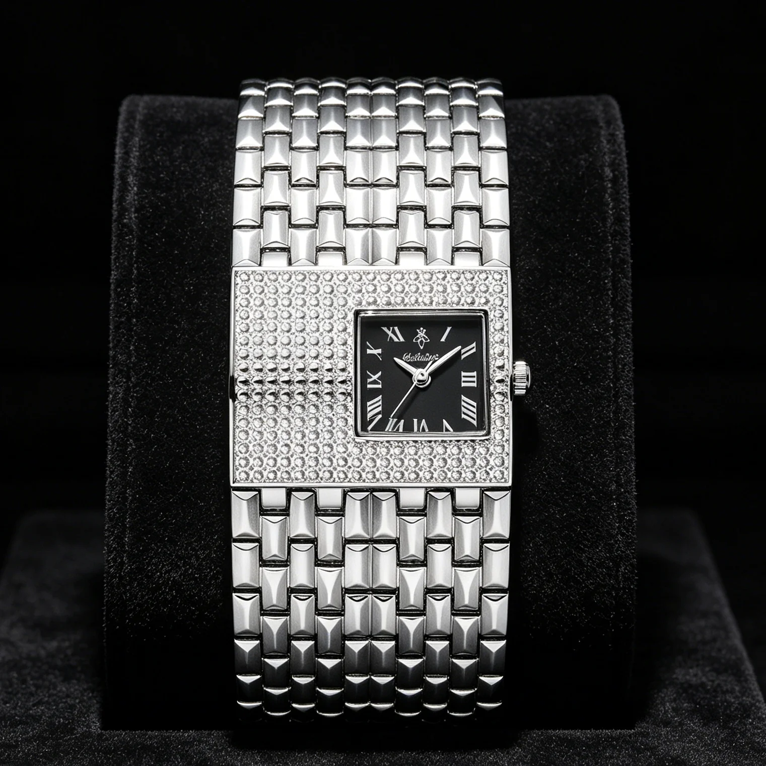 YaLaLuSi Rectangle Black Roman Dial Women Watch Full Rhinestone Encrusted Case Wide Multi-Row Mesh Link Silver Bracelet Luxury Bling Waterproof Ladies Quartz Dress Wristwatch For Wedding Evening Party