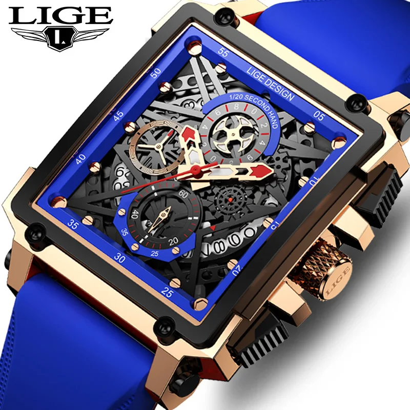 LIGE Men's Sports Chronograph Wrist Watch For Men Army Silicone strap Square Quartz Stop Watch Clock Man Relogios Masculino