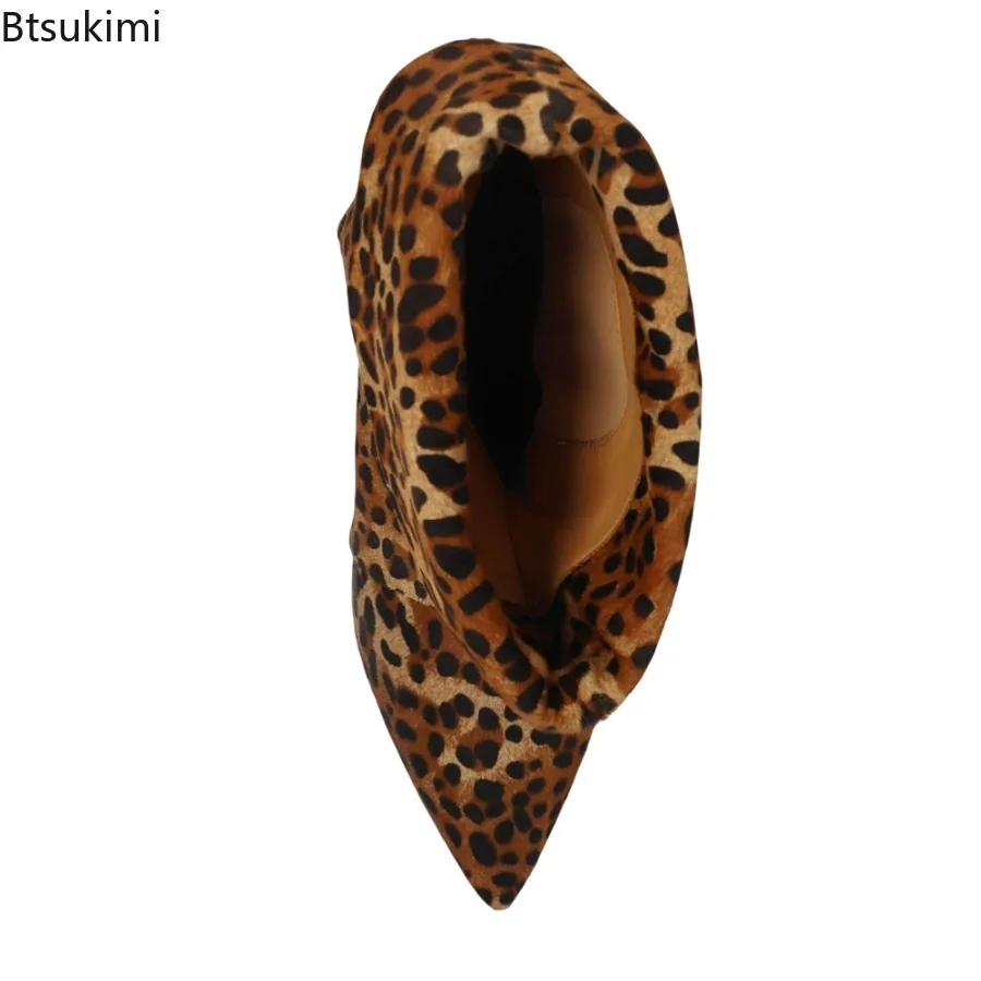 2025 Women's Thin Heel Short Boots Spring Autumn Fashion Leopard Pointed Wide Tube Folded Stacked Ankle Boots for Women Shoes