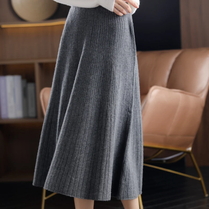 Woolen midi skirt women's new autumn and winter mid long style high waist slimming cashmere skirt knitted hip hugging skirt