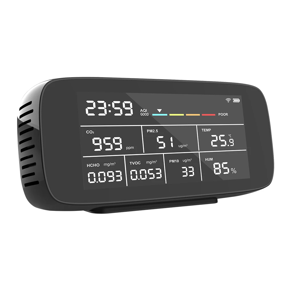 เครื่องวัดคุณภาพอากาศอัจฉริยะมัลติฟังก์ชั่น Tuya WiFi ตรวจจับ HCHO/TVOC/PM2.5/PM10/CO2/อุณหภูมิและความชื้น รองรับ ODM/OEM